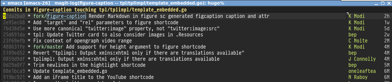 Log buffer for gohugoio/hugo/tpl/tplimpl/template_embedded.go created by Magit on doing M-x magit-log-buffer-file
